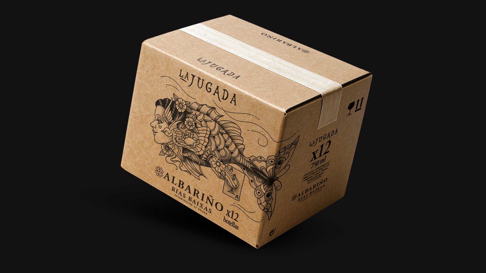 caja de cartón para 12 botellas del vino albariño la jugada con ilustración