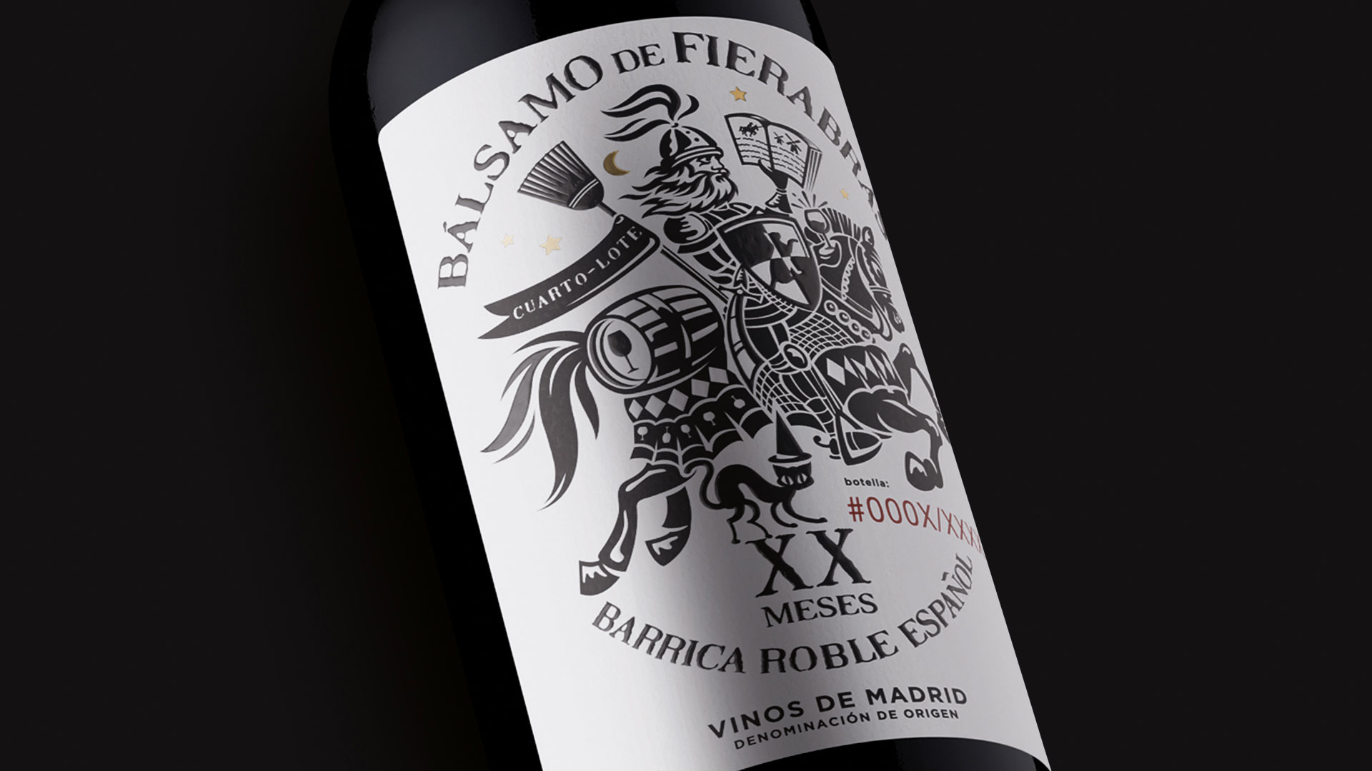 detalle de la etiqueta del vino bálsamo de fierabrás cuarto lote, barrica roble español