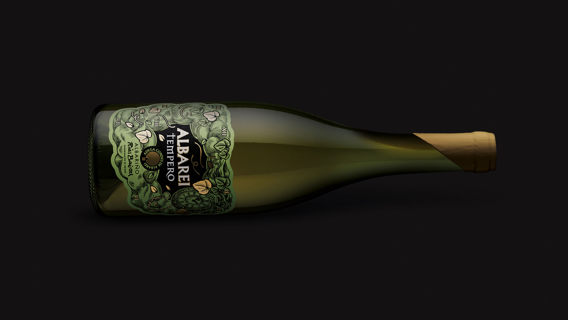 botella de vino albariño condes tempero rías baixas con etiqueta verde ilustrada sobre fondo oscuro