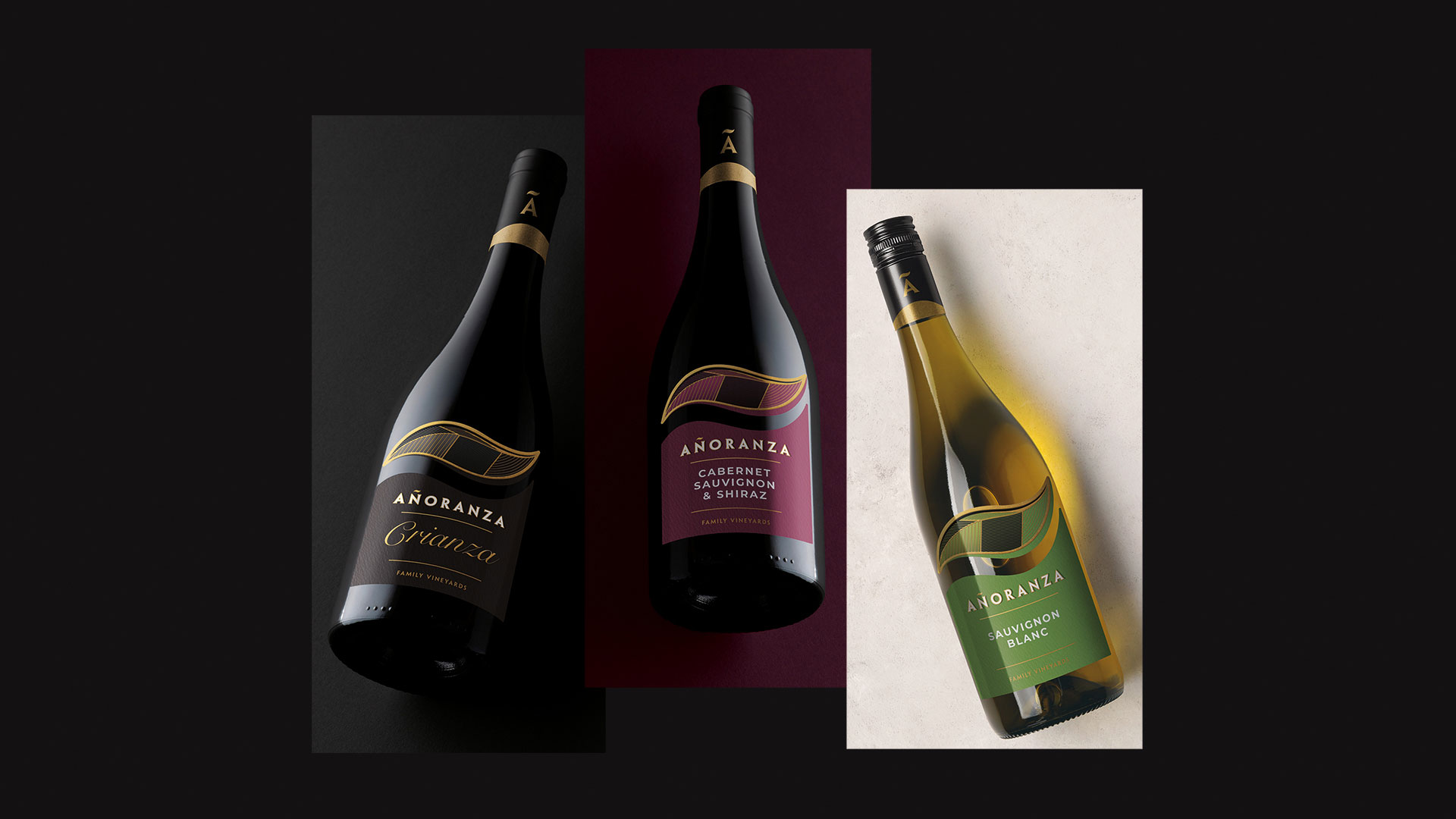 gama de vinos añoranza con tres botellas: crianza, cabernet sauvignon y shiraz, y sauvignon blanc
