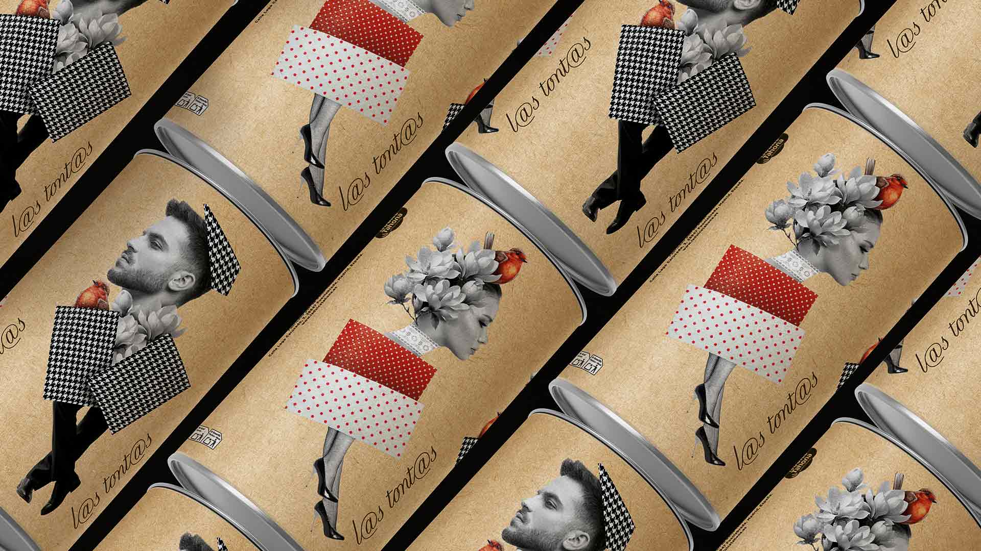 patrón con varios envases cilíndricos de rosquillas “las tontas” en diseño kraft con collage