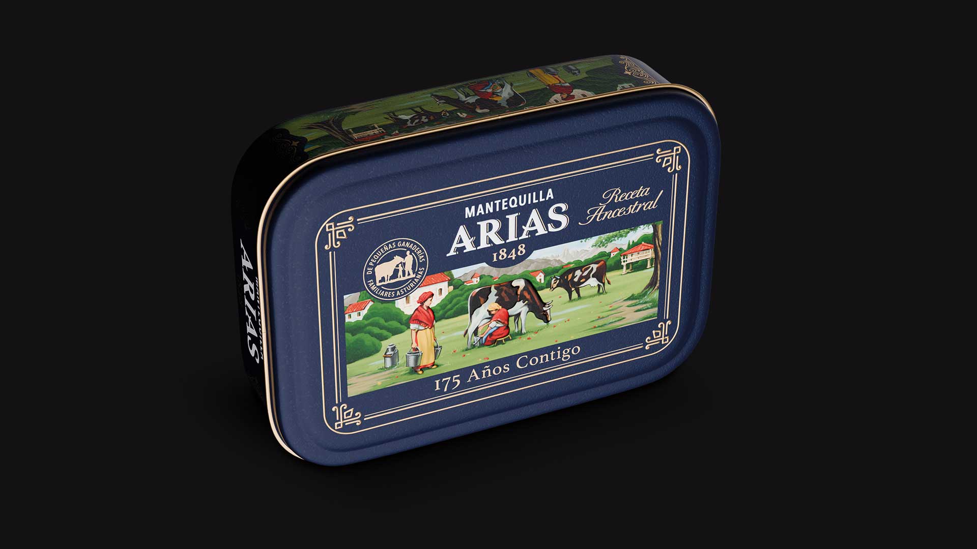 lata de mantequilla arias 1848 receta ancestral en packaging gourmet azul, vista frontal en vertical