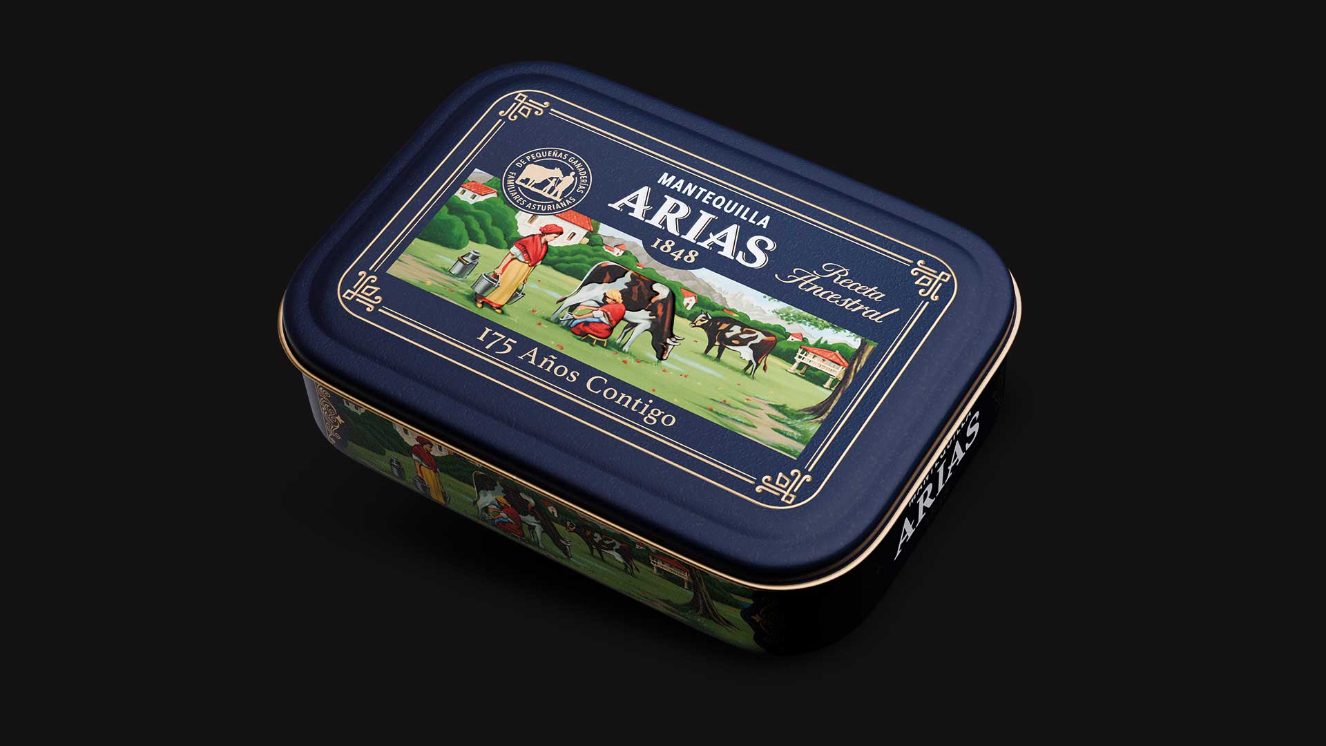 lata de mantequilla arias 1848 en horizontal con tapa visible, diseño vintage azul y detalles dorados