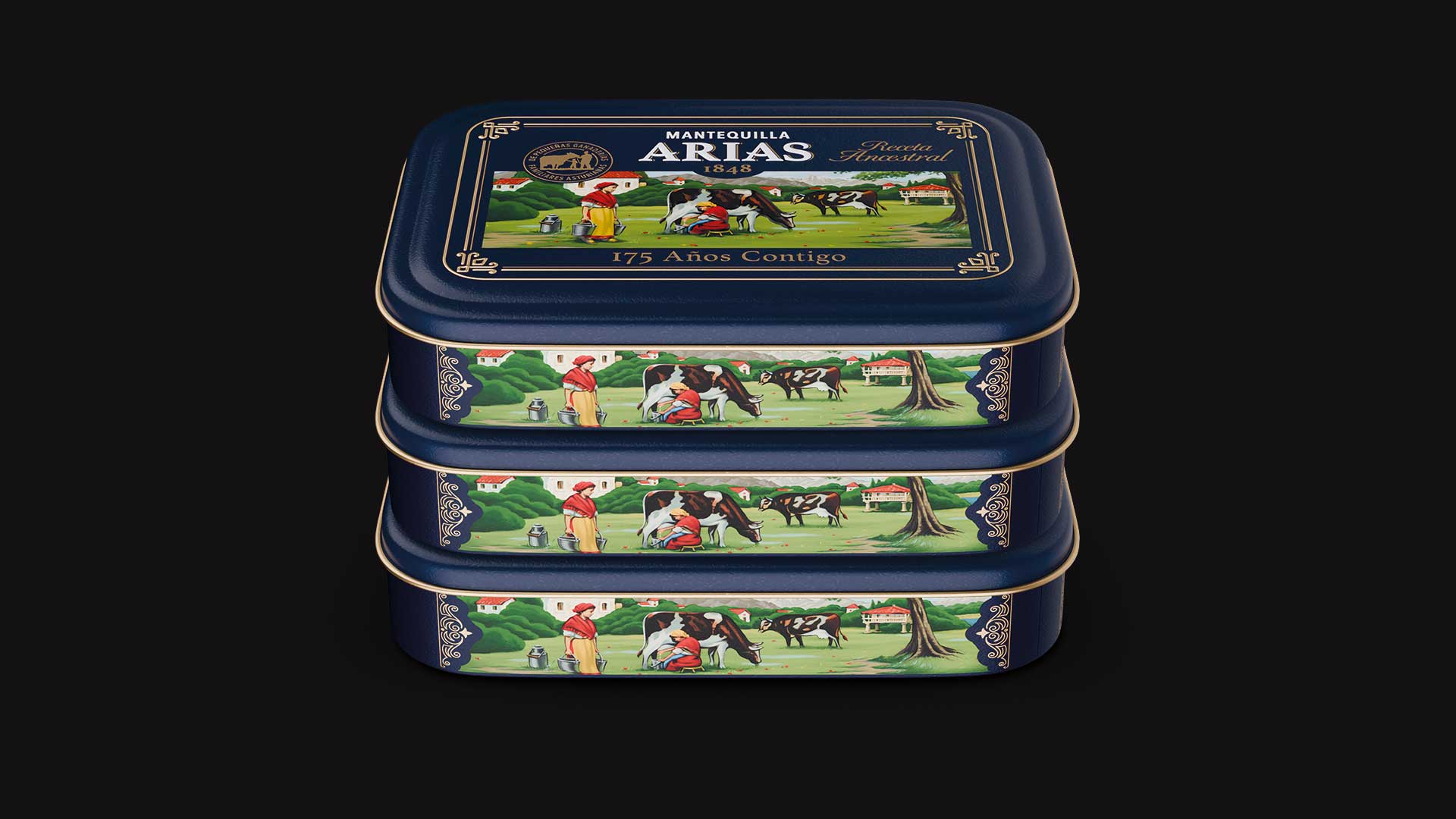 pack de mantequilla arias 1848 con tres latas apiladas, packaging gourmet azul con ilustración tradicional