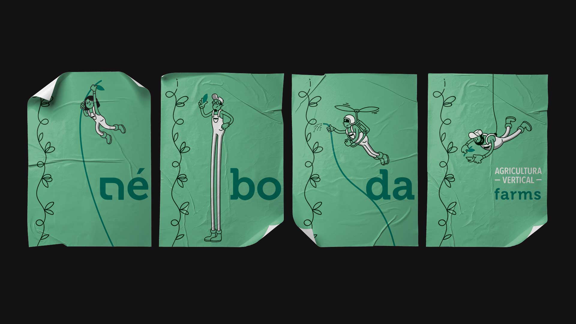 piezas de etiqueta verde de neboda farms con ilustraciones y texto agricultura vertical