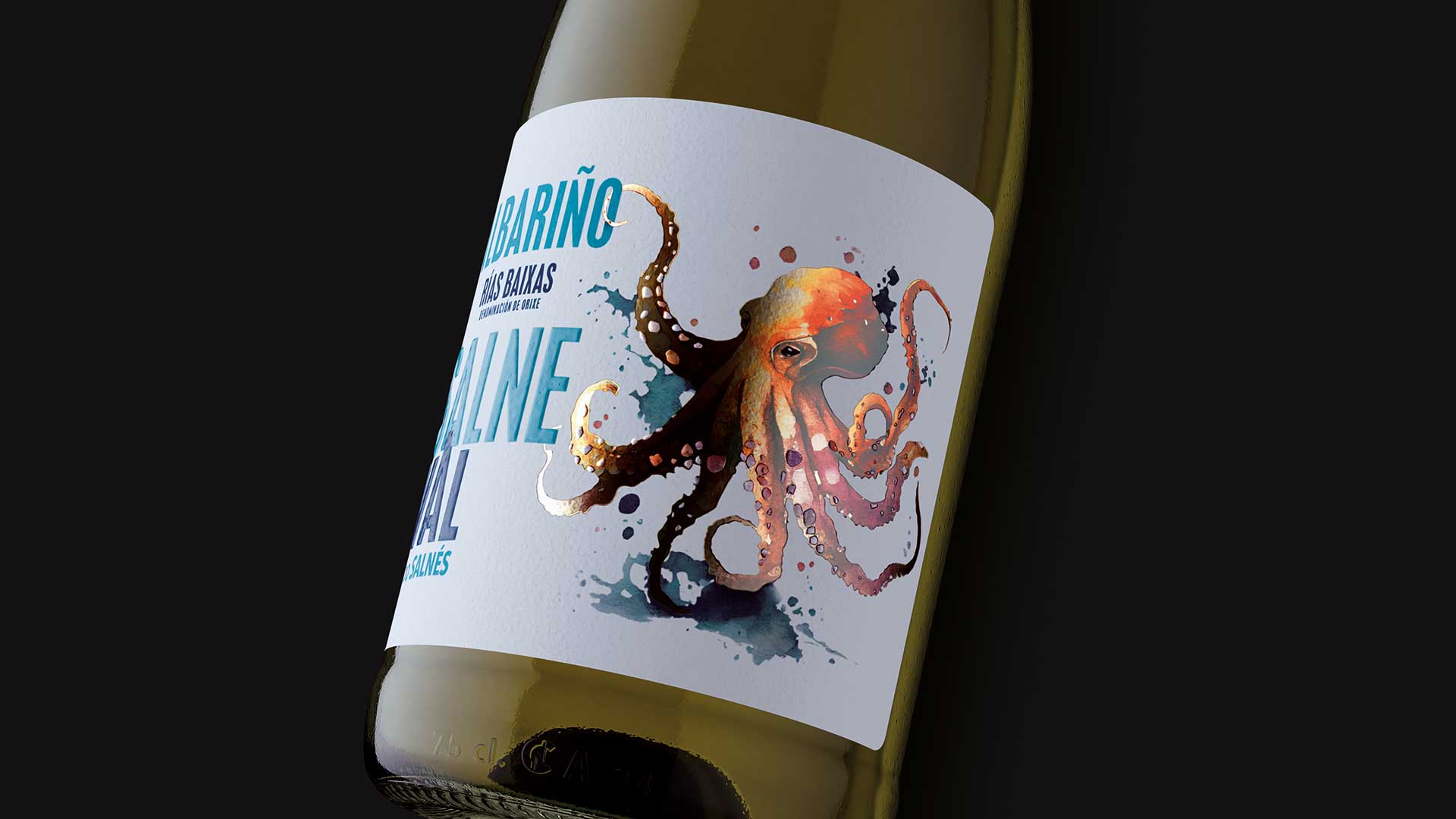 primer plano de la ilustración de pulpo en la etiqueta del albariño Salneval Rías Baixas