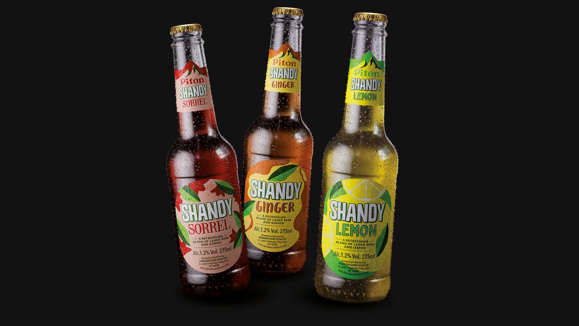 pack de tres botellas piton shandy lemon, ginger y sorrel sobre fondo negro