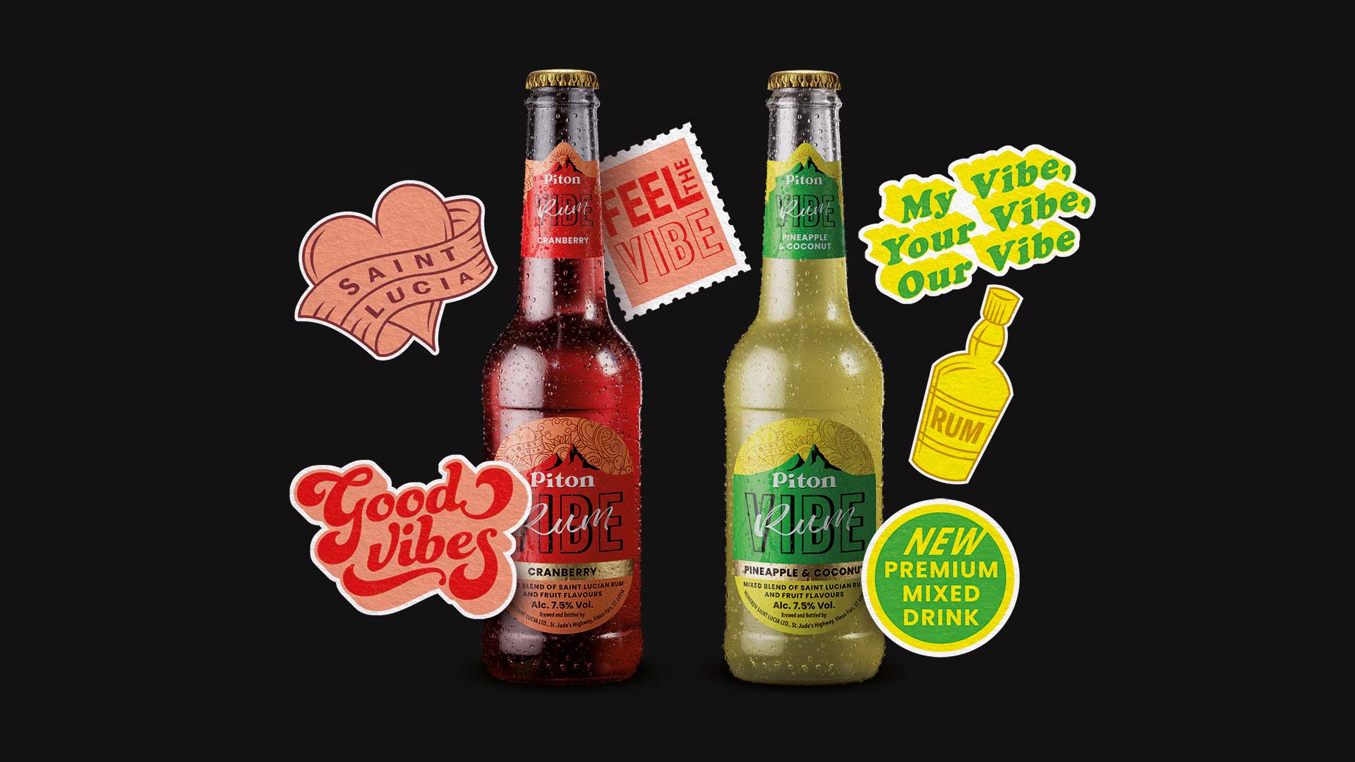 dos botellas de piton vibe con elementos gráficos tipo stickers y mensajes de campaña