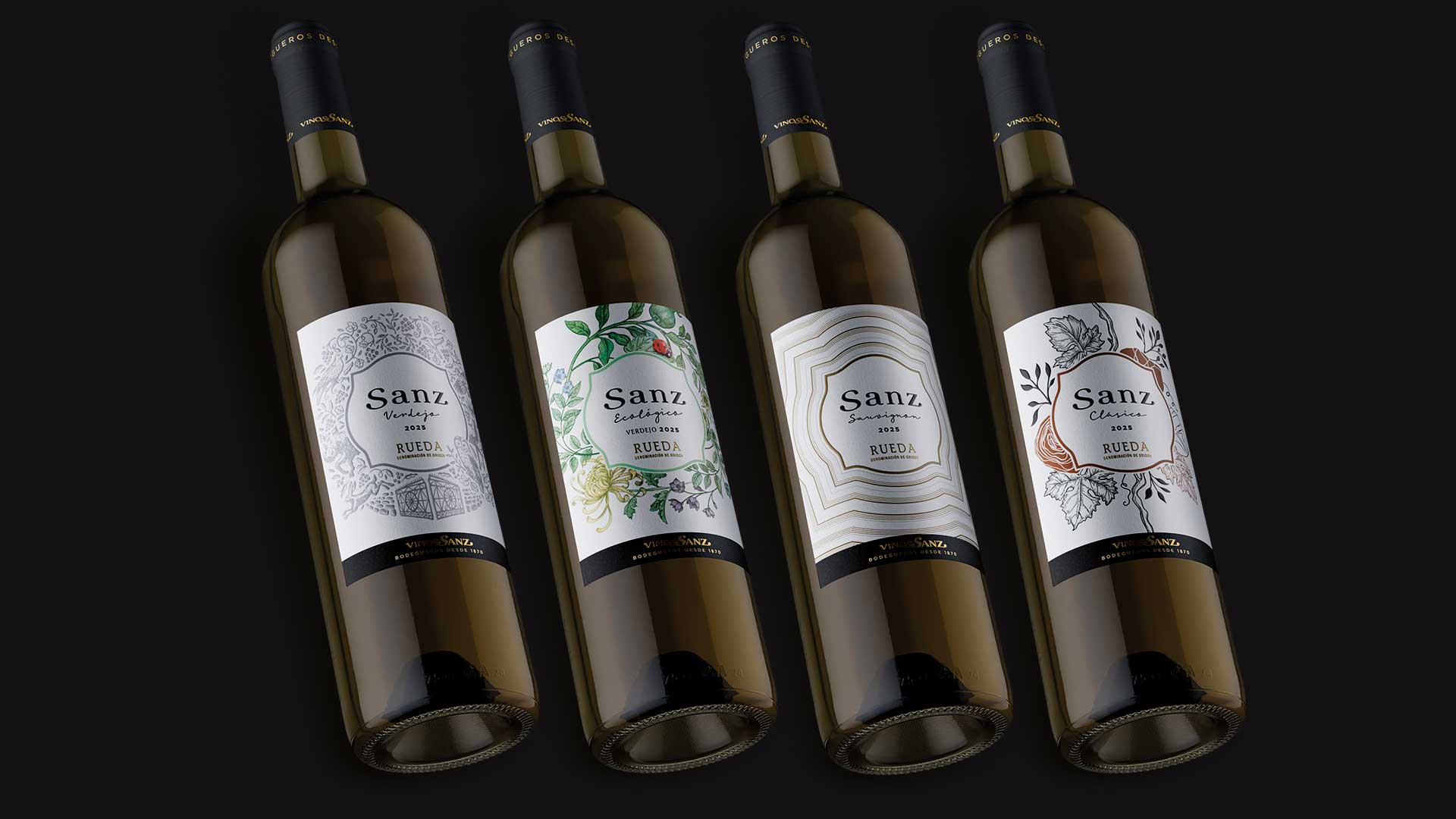 gama de vinos blancos vinos sanz con cuatro diseños de etiqueta diferentes para d.o. rueda